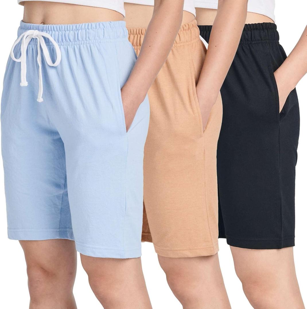 Real Essentials 3 Pack: Womens Cotton Terry Jersey 9" Bermuda Shorts Pockets-Casual Lounge Yoga, (Small, Set 5)