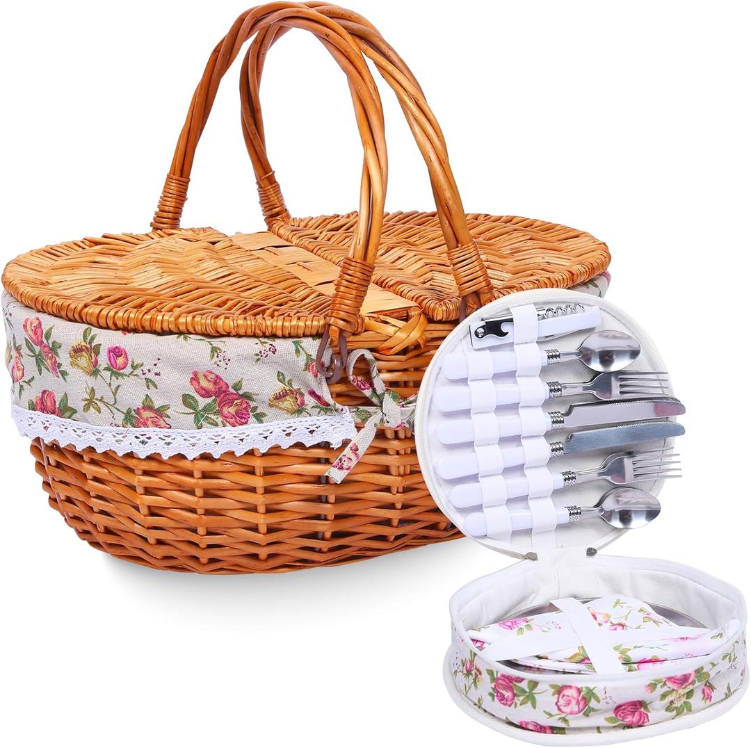Wicker Picnic Basket with Handle, 15" Large Picnic Basket with Lid & Removable Liner, Vintage Hand Woven Basket with Cutlery Set for Picnics, Camping, Thanksgiving, and Birthday (4-person cutlery bag, Flower)