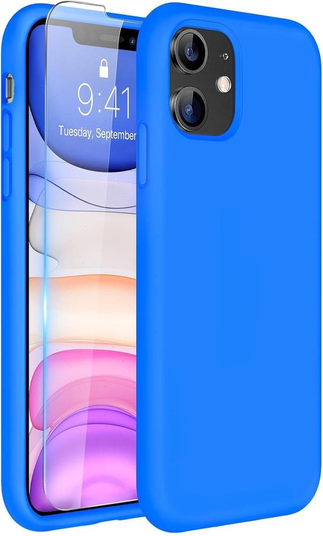 Miracase Designed for iPhone 11 Phone Case, with Screen Protector, Liquid Silicone Gel Rubber Full Body Drop Protection Shockproof Cover Phone Case for iPhone 11 6.1 inch, Mediterranean Blue