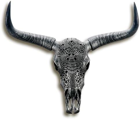 KIWZZXXKW Cow Skull Wall Decor, Longhorn Wall Decor with Carved Details, Hand-Carved Authentic Taxidermy Cow Skull/Longhorn Skull Animal Boho Style Wall Sculpture27*26 * 10inch(Black)