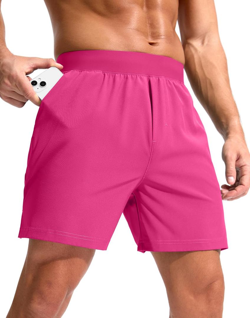 Soothfeel Men's Running Shorts with Zipper Pockets 5 Inch Quick Dry Sports Tennis Shorts Gym Workout Athletic Shorts for Men (Pink, XXL)