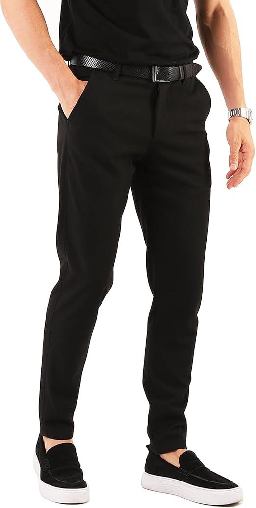 Mens Slim Fit Pants - Stretch Cotton Chinos Pants - Casual Golf Business Skinny Dress Pants for Men Medium Black