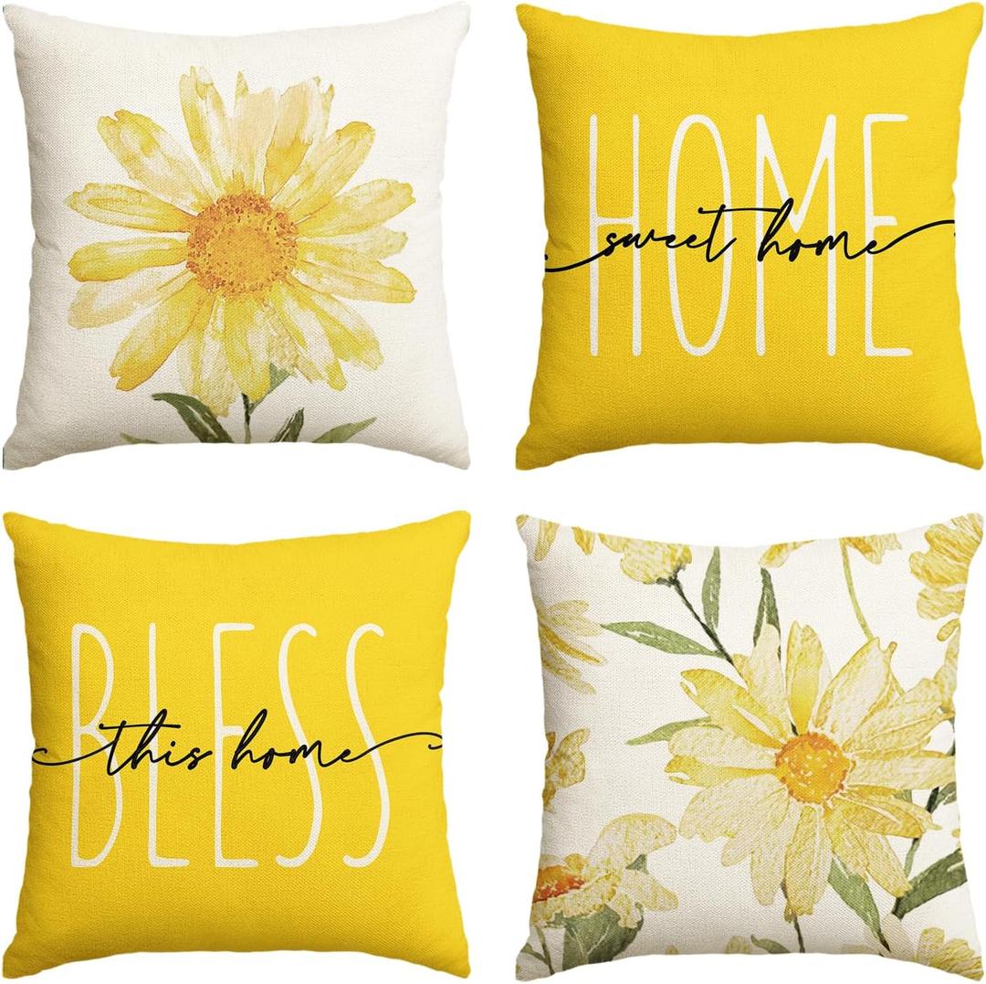 AVOIN colorlife Home Sweet Home Spring Summer Flowers Yellow Throw Pillow Covers, 18 x 18 Inch Cushion Case for Sofa Couch Set of 4