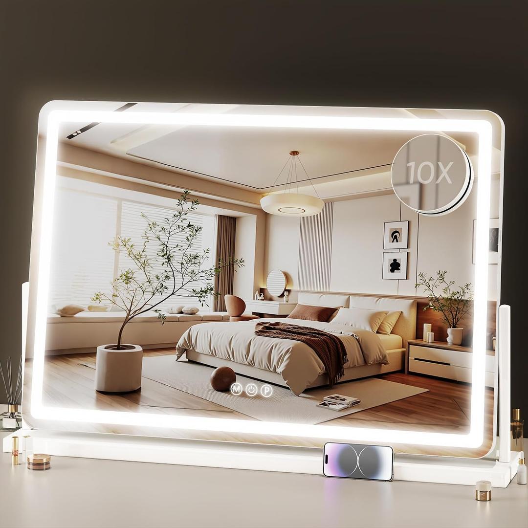 Vanity Mirror with Lights, 33"x23" Hollywood Lighted Makeup Mirror for Tabletop & Bedroom 3 Color Lighting Modes Smart Touch Control 360 Rotation Detachable