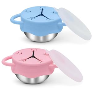 2 Pack Toddler Snack Containers 13.5oz Food Grade Stainless Steel Snack Cups for Toddlers Spill Proof with Snowflake Silicone Lids & Handles, Baby Snack Containers, Dishwasher Safe Toddler Snack Cups (Pink Blue)