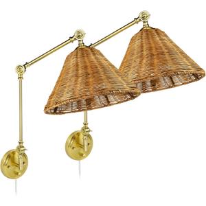 Gold Hand Woven Rattan Wall Sconces Adjustable Swing Arm Wall Mount Light Fixture Beside Lighting for Bedroom, Living Room (Bulbs NOT Included, 2 Pack