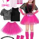 AOTHSO 14 Pieces Girls 80s Outfit Accessories Set Halloween Girls 80s Clothes Costume for Cosplay 1980s Party for Kids (X-Large, Hot Pink)