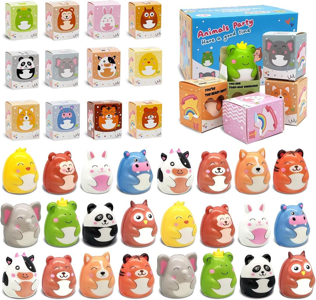 Valentines Day Gifts for Kids - 24 Pack Prefilled Valentines Toys with Animal Squishy Toys for School Gifts Exchange, Classroom Prize Rewards, Party Favors