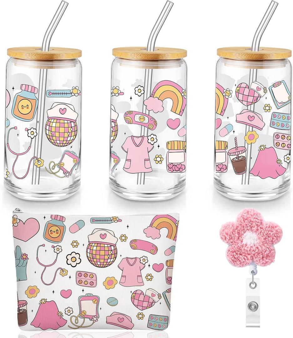 Dunzoom 3 Pcs Nurse Week Appreciation Gifts Set for Women Included 16 oz Glass Cup with Lid Makeup Bag Badge Reel Practitioner Gift for Nurse Graduation Pathologist RN NICU Preceptor Nursing Assistant