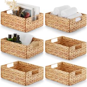 BLUEWEST Water Hyacinth Storage Baskets (Set of 6)  Woven Hyacinth Organizer with Carrying Handles, Laundry Basket for Organizing, Rattan Bin for Shelves (Rectangular Basket_Pack 6_Natural, Natural)