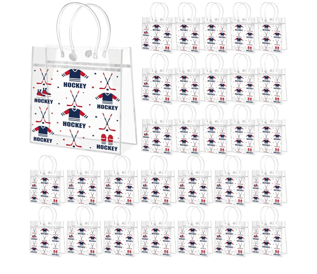 WZSTNBLA 30Pcs Ice Hockey Gift Bags Ice Hockey Party Favor Goodie Bag with Handles 8 x 8 x 3.15 Inch, Clear PVC Bags Sport Theme Treat Bag for Sports Team Gifts Birthday Holiday Party Supplies