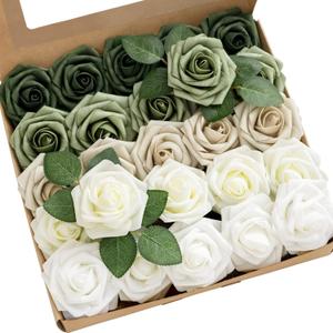 Ling's moment Artificial Flowers, 25Pcs 3" Roses in Sage Shades, Realistic DIY Foam Floral Decor for Wedding Bouquets/Centerpieces, Outdoor Party Backdrops, Room/Table, and Garden/Pot Decorations (Shades of Emerald & Tawny Beige)