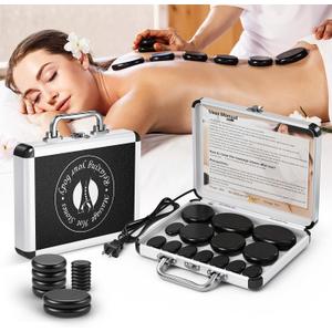 Hot Stones Massage Set, 14Pcs Basalt Portable Stone Kit with Warmer, Professional Rocks for Home Spa Warming Therapy Relaxing Pain Relief