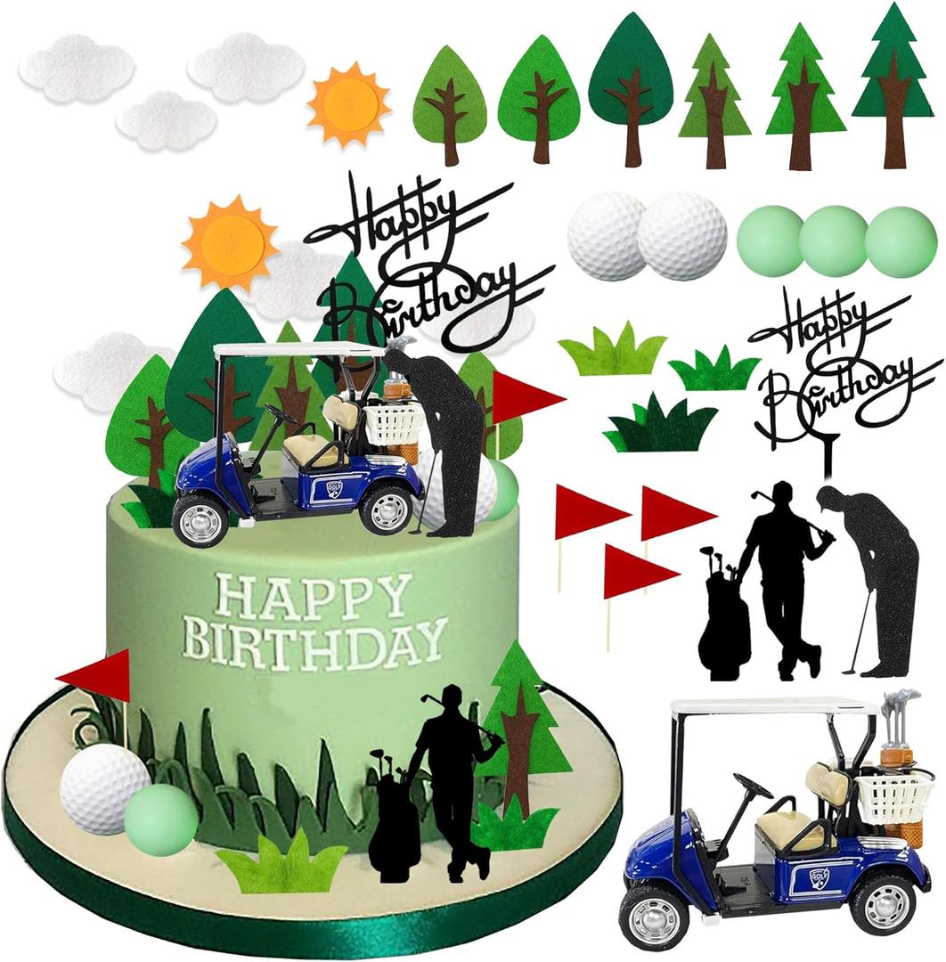 Golf Cake Decorations Golf Cart Cake Toppers with Cart Flag Golf Ball Trees Clouds for Men Sports Golf Theme Birthday Supplies (Style1)