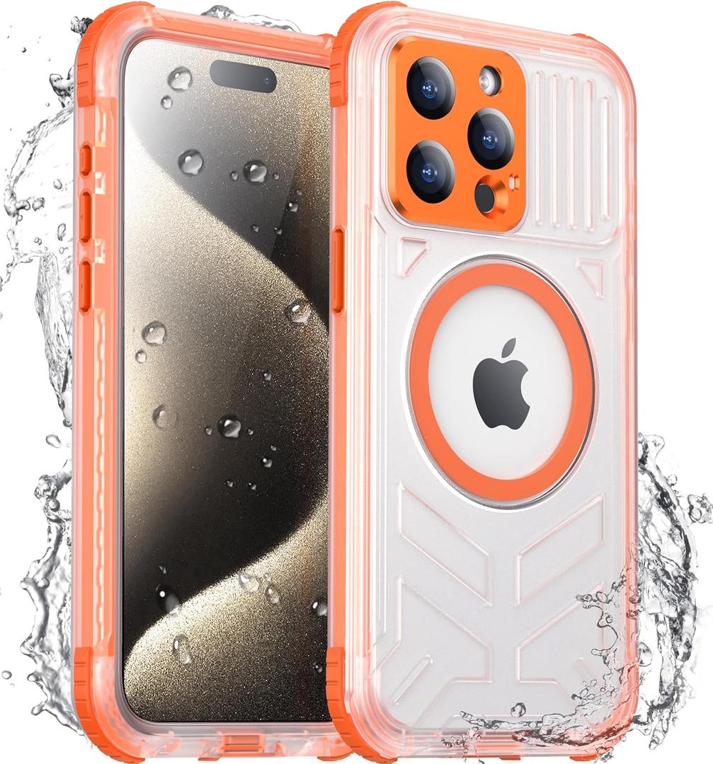 2025 New for iPhone 15 Pro Case Waterproof, [Compatible with MagSafe][Built-in Camera & Screen Protector][Full Body Shockproof][IP68 Waterproof][Dustproof] Phone Case for iPhone 15 Pro 6.1" (Orange)