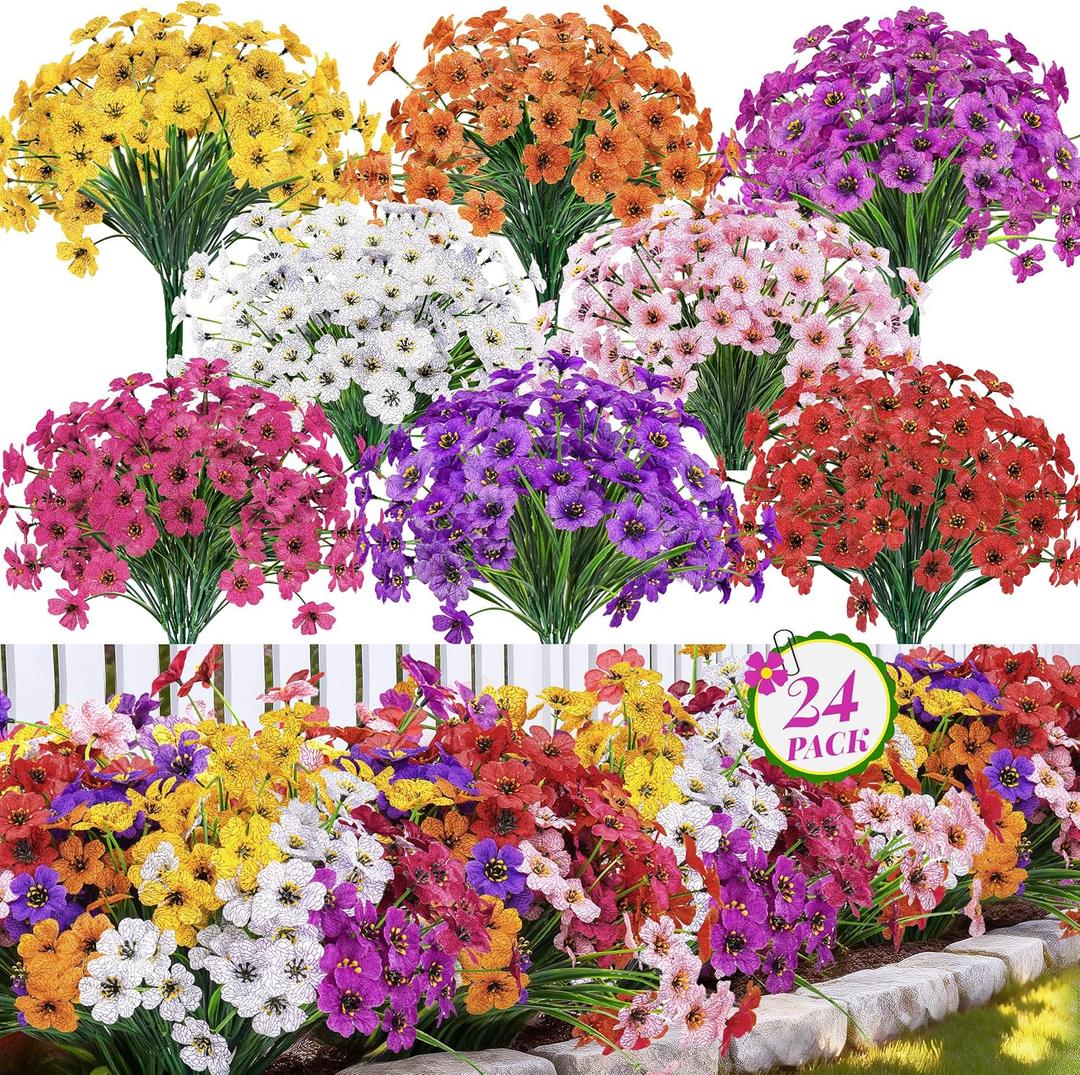 Der Rose 24 Bundles Artificial Flowers for Outdoor UV Resistant Faux Plants Spring Flowers for Outdoor Planters Wedding Home Garden Patio Porch Decor (8 Colors)