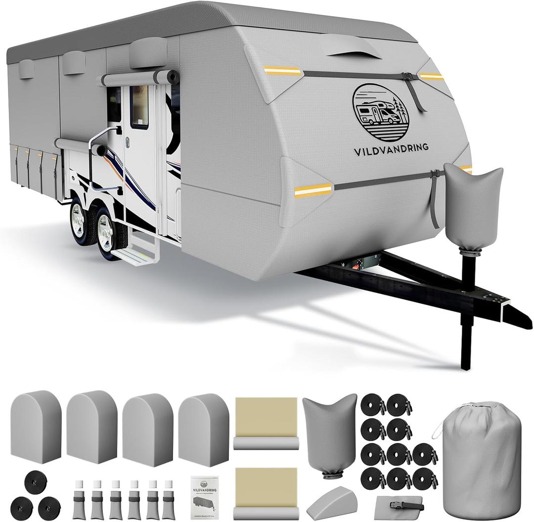 Heavy Duty Travel Trailer RV Cover 22-24ft, 8 Layers Breathable Waterproof Rip-Stop Camper Cover with Adhesive Repair Patches, Gutter, Tire & Additional Straps