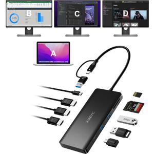 Kozcy USB C Docking Station 3 Monitors Compatible with Mac/Windows, KOZYC Triple Display Docking Station with 3xHDMI(4k60Hz/30Hz+1080p), 3xUSB 3.0, SD/TF, 100W PD with HDMI Splitter Extend Display 3 Monitor