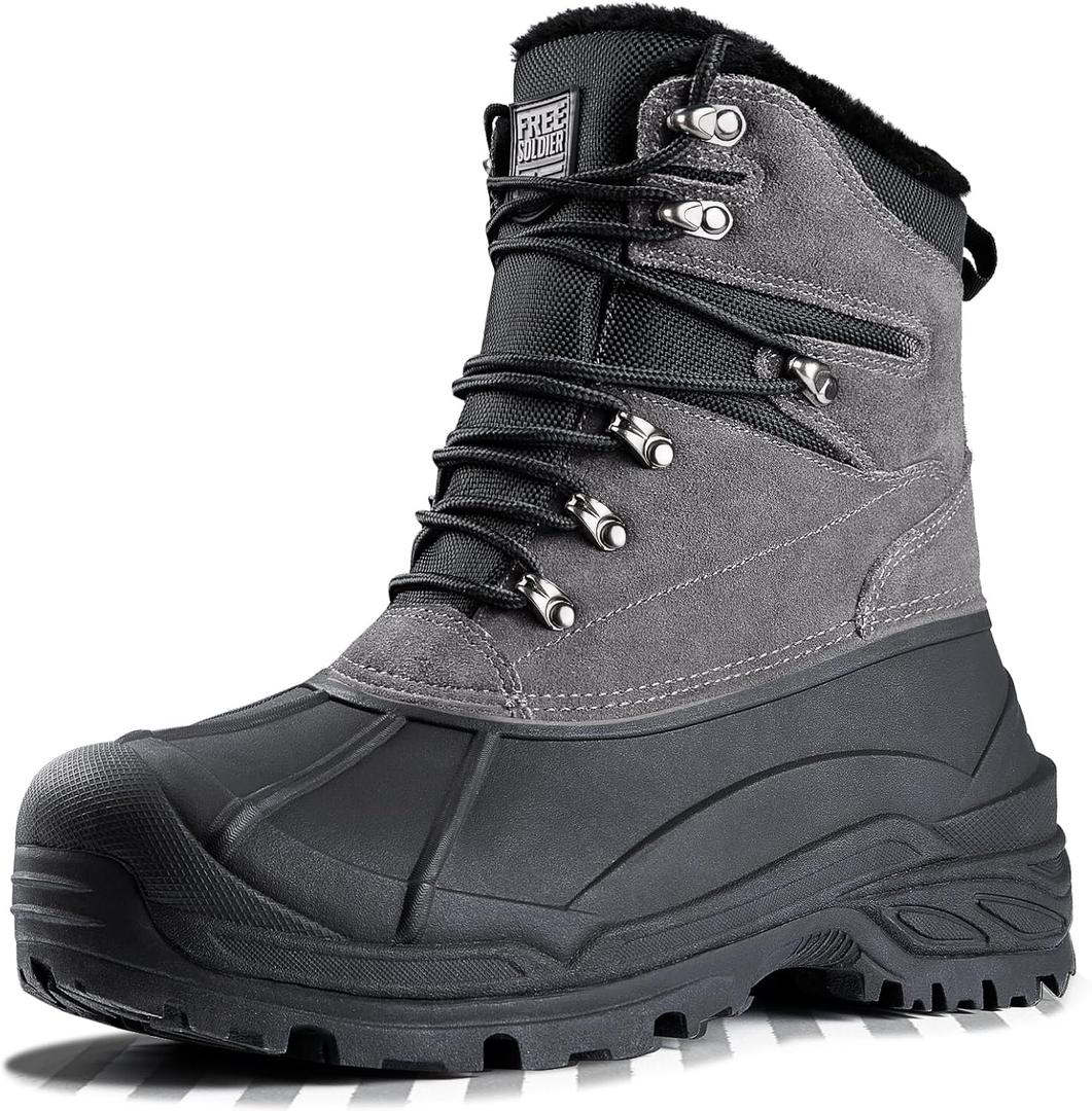 FREE SOLDIER Mens Snow Boots Warm Fleece Lining Winter Ski Shoes Waterproof Insulated Booties (11, Grey)