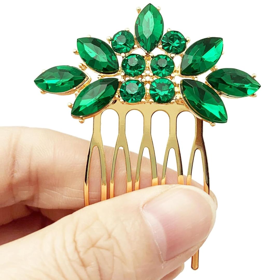 Bridal Crystal Hair Piece with Comb 1 Pieces Small Rhinestone Wedding Gold Hair Pins Accessories for Women Girls (Green)