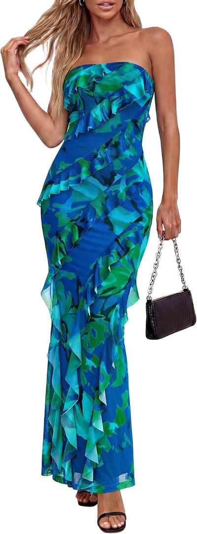 BTFBM Summer Dresses for Women 2026 Strapless Maxi Ruched Bodycon Floral Ruffle Cocktail Formal Wedding Guest Dress (Large)