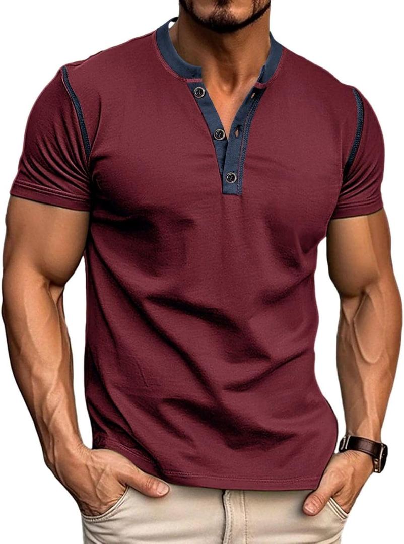 Mens Casual Short Sleeve Henley Shirts Classic Summer T-Shirt v Neck Lightweight Tee (Red, XXL)