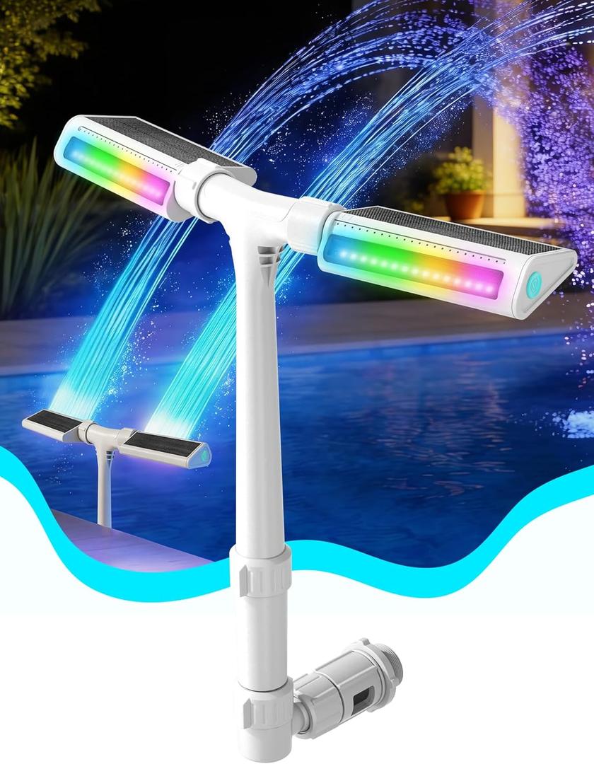 2026 Height Upgrade Solar Pool Fountain with 10-Color 4-Modes Lights, Dual Spray Waterfall Sprinkler 360° Adjustable, Compatible with Above & Inground Pools for Cooler Relaxation (White)