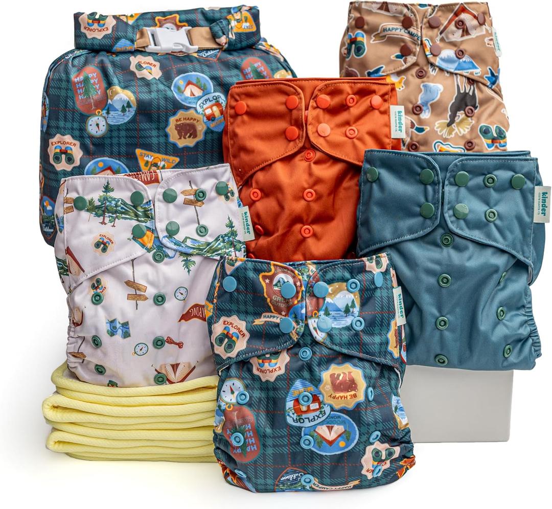 Kinder Cloth Diapers Reusable Baby Diapers Pocket Style Athletic Wicking Jersey, Bamboo Viscose Inserts, Wet Bag, Newborn to Potty Training 7-60lbs, One Size (Big Adventure, 5 Pack, With Inserts)
