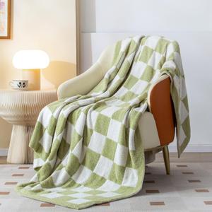 SeaRoomy Checkered Blanket, Ultra Soft Knitted Blanket Queen Size, Warm Cozy Fluffy Microfiber Reversible Checkerboard Bed Throw for All Seasons Sage Green Decor(Sage Green, 90"90")