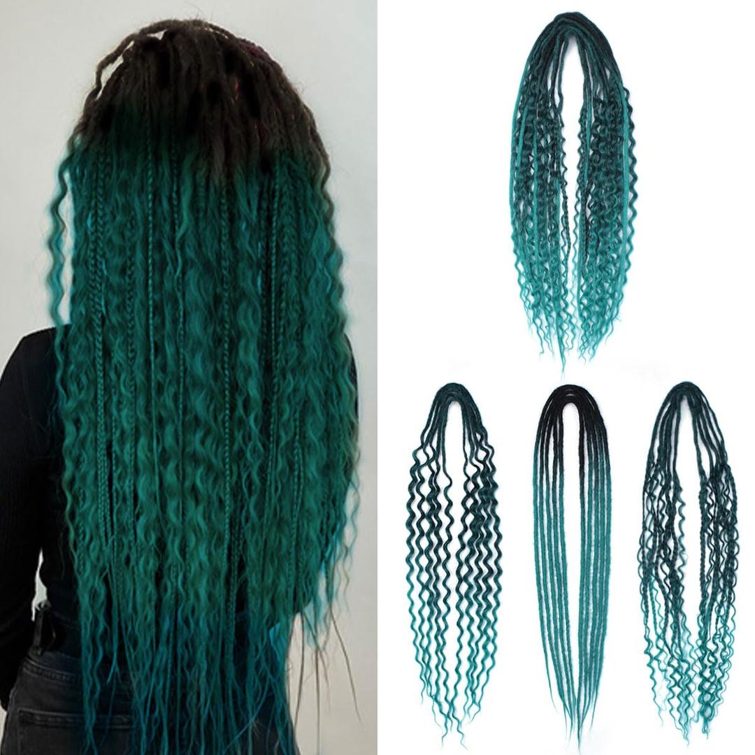 Double Ended 3 in 1 Dreadlock Extensions, 24 inch 15pcs Ombre Teal Green Mixed Dreads Extensions Set DE Dreads with Curly Dreadlocks for White Women