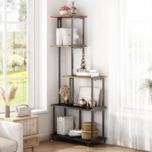 GILLAS 5 Tier Corner Shelf Stand, Freestanding Corner Shelf Corner Bookshelf, Corner Table with Shelf, Tall Storage Organizer Rack for Living Room, Bedroom, Office. Small Space (Square-shaped-C, Country Rustic)