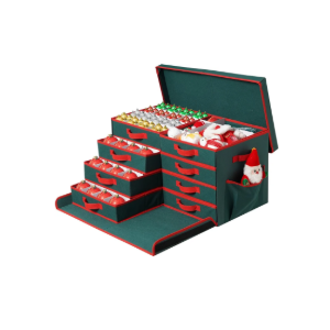 Christmas Ornament Storage Box, Stackable Organizer with Lid and Pockets, Side Open, 8 Trays, 128-3" Holiday Ornament Container with Removable Trays and Adjustable Dividers, Green