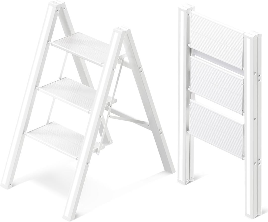 GameGem 3 Step Ladder, Aluminum Folding Step Stool with Anti-Slip Sturdy and Wide Pedal, Lightweight Portable Stepladder for Home and Kitchen Use Space Saving, Cream White, 330 lbs