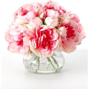 Garvee Artificial Peonies Flowers with Vase, Mixed Pink Silk Peony Bouquet with Faux Water in Glass Vase, Lifelike Fake Peonies Floral Arrangement for Table Centerpiece, Wedding, Home Decor