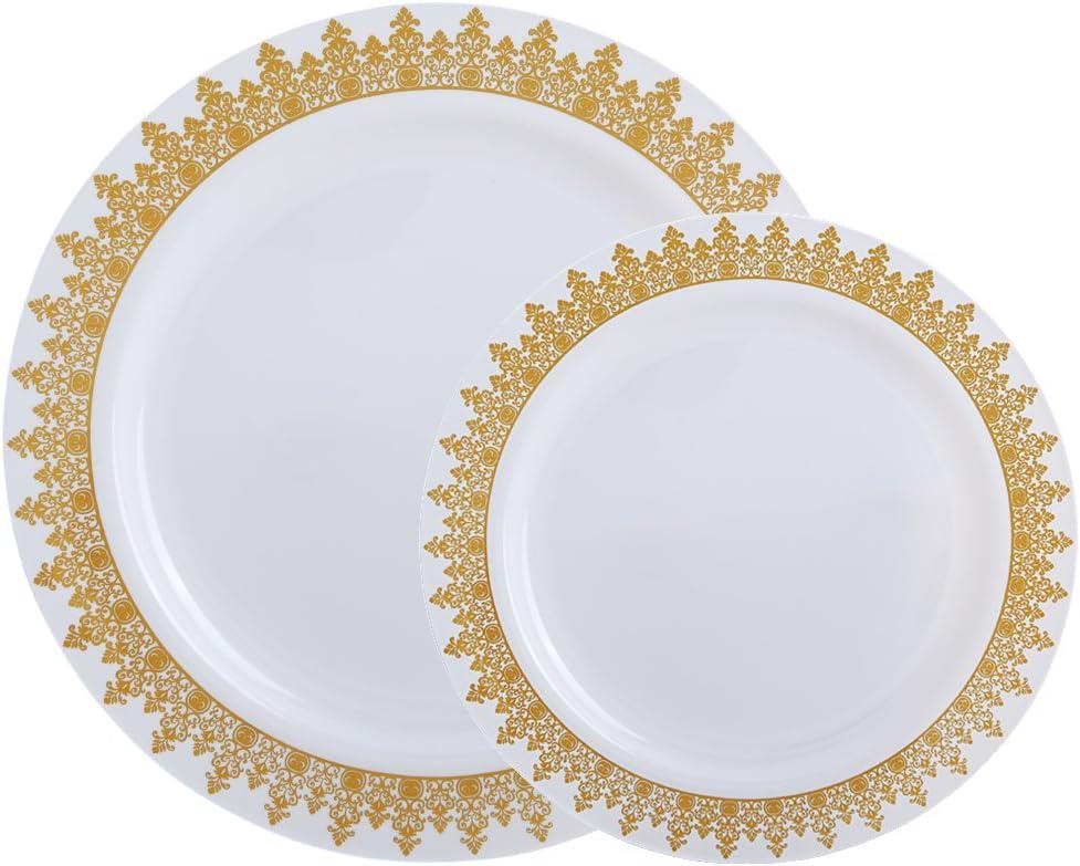 WDF 60PCS Heavyweight White with Gold Rim Wedding Party Plastic Plates,Dinnerware Sets.30-10.25inch Dinner Plates and 30-7.5inch Salad Plates (White/Gold Forest)