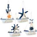 BUYGOO 4 Pieces Miniature Sailboat Model Decor, Vintage Nautical Handmade Wooden Sailboat Decor, Suitable for Beach Nautical Home