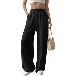 Womens Casual Pants with Adjustable Drawstring Soft Lounge Wide Leg High Waisted Pants for Summer Beach Vacation (Small, Black)