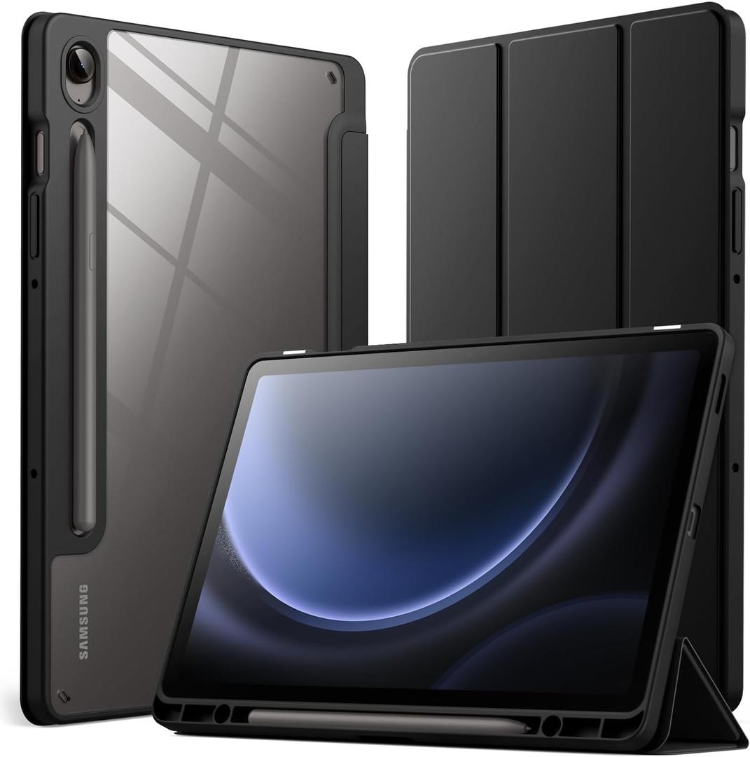 JETech Case for Samsung Galaxy Tab S10 FE / S9 FE 10.9-Inch with S Pen Holder, Clear Transparent Hard PC Back, Protective Tri-Fold Stand Tablet Cover, Auto Wake/Sleep (Black)