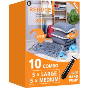 10 Pack Vacuum Storage Bags (5 x Large, 5 x Medium), Space Saver Sealer Compression Bags with Travel Hand Pump for Blankets, Comforters, Pillows, Clothes Storage