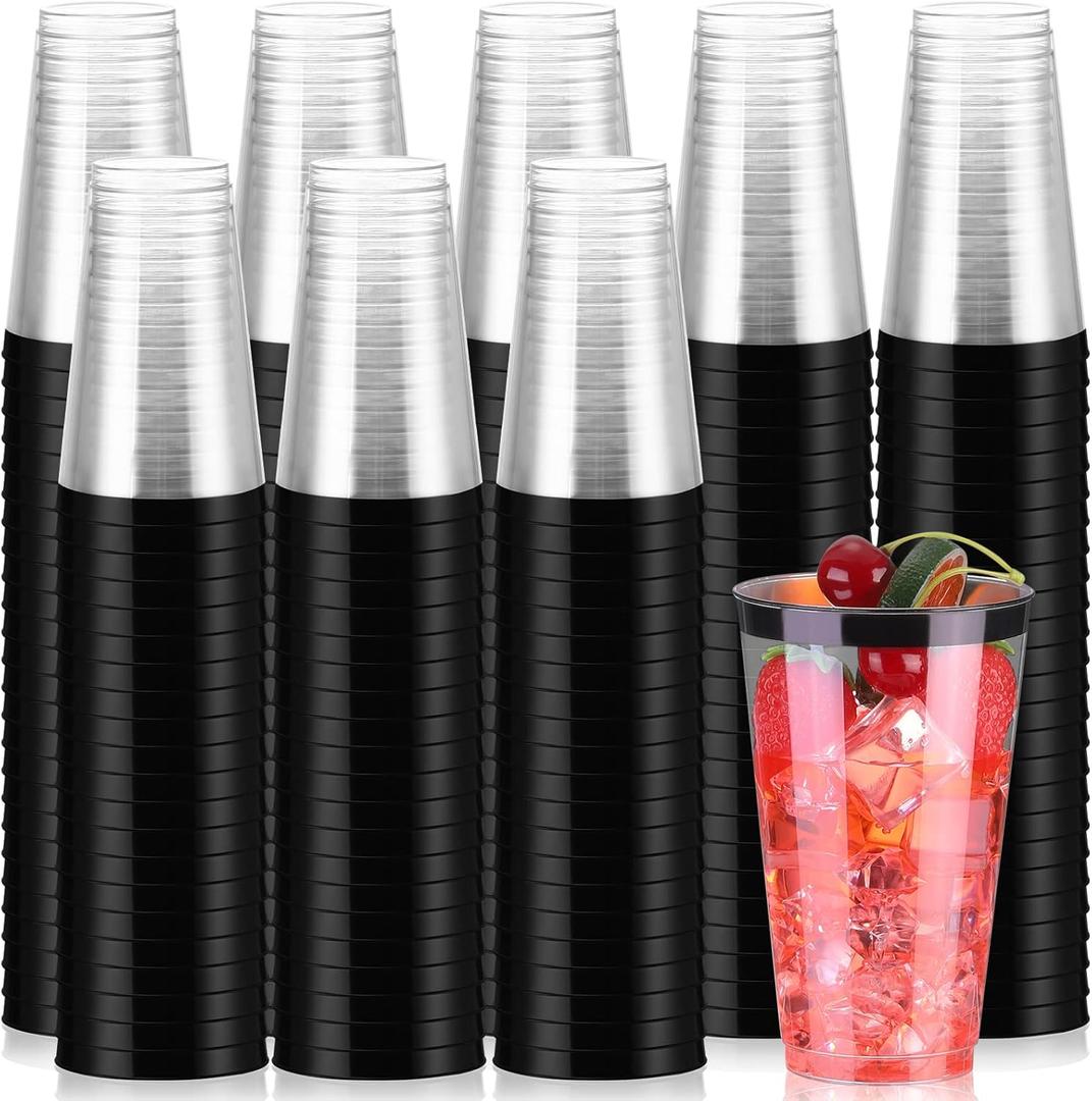 Patelai 100 Pcs 16oz Plastic Cups Disposable Rimmed Cups Heavy Duty Drinking Wine Glasses for Holiday Wedding Birthday Christmas Beer Taste Serving Snack Sample Tastings Barbecues Picnic(Black)