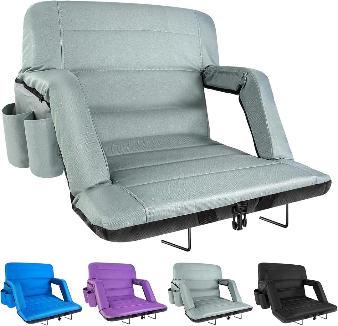 Yeyeeyyee Stadium Seats with Back Support Wide, Exclusive Bleacher Chairs with Back and Cushion Folding Stadium Chairs, 6 Reclining Positions Waterproof Bleacher Seats with 2 Hooks (Wide|22.5" Grey)