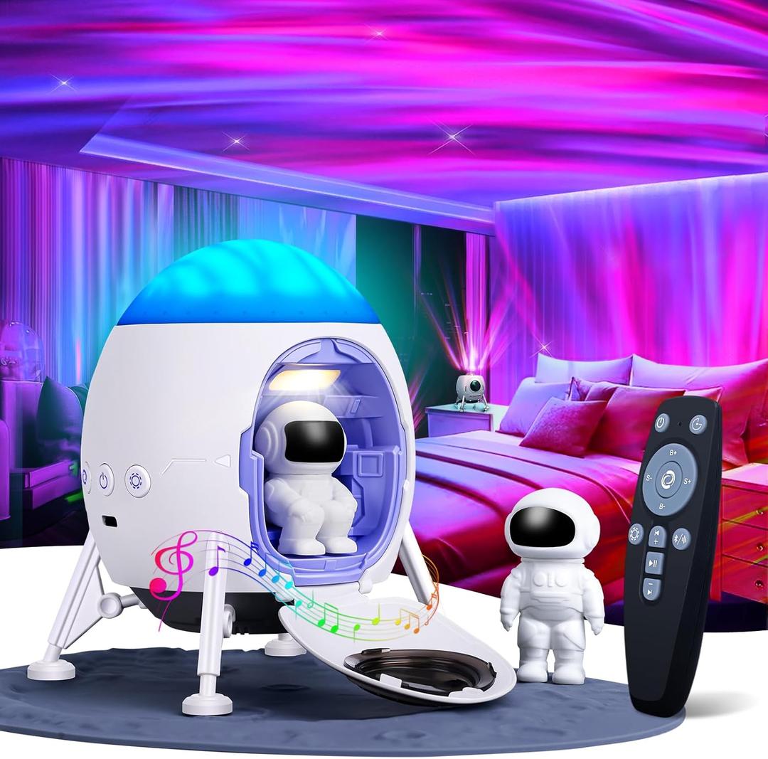 Galaxy Projector for Bedroom - Northern Lights Aurora Projector BT Speaker, White Noises, Remote, Timer, Lunar Module Design LED Night Lamp for Gift/Birthday/Party/Ceiling