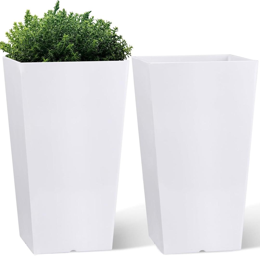 QCQHDU 21 inch Large Tall Taper Planters for Indoor & Outdoor Plants, 2 Pack Durable Plant-Flower-Tree Pots for Front Porch Patio Living Room Home Garden Decor (White)