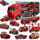 19 Pcs Fire Truck with Firefighter Toy Set, Mini Die-cast Fire Engine Car in Carrier Truck, Mini Rescue Emergency Double Side Transport Vehicle for Kid Child Boy Girl Birthday Christmas Party Favors