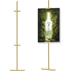 Adjustable Easel Stand for Picture Frames, Holds Frames Up to 64" Tall - Sturdy Metal Floor Easels for Art, Signs, Photos | for Home, Office, Gallery Display (Golden)