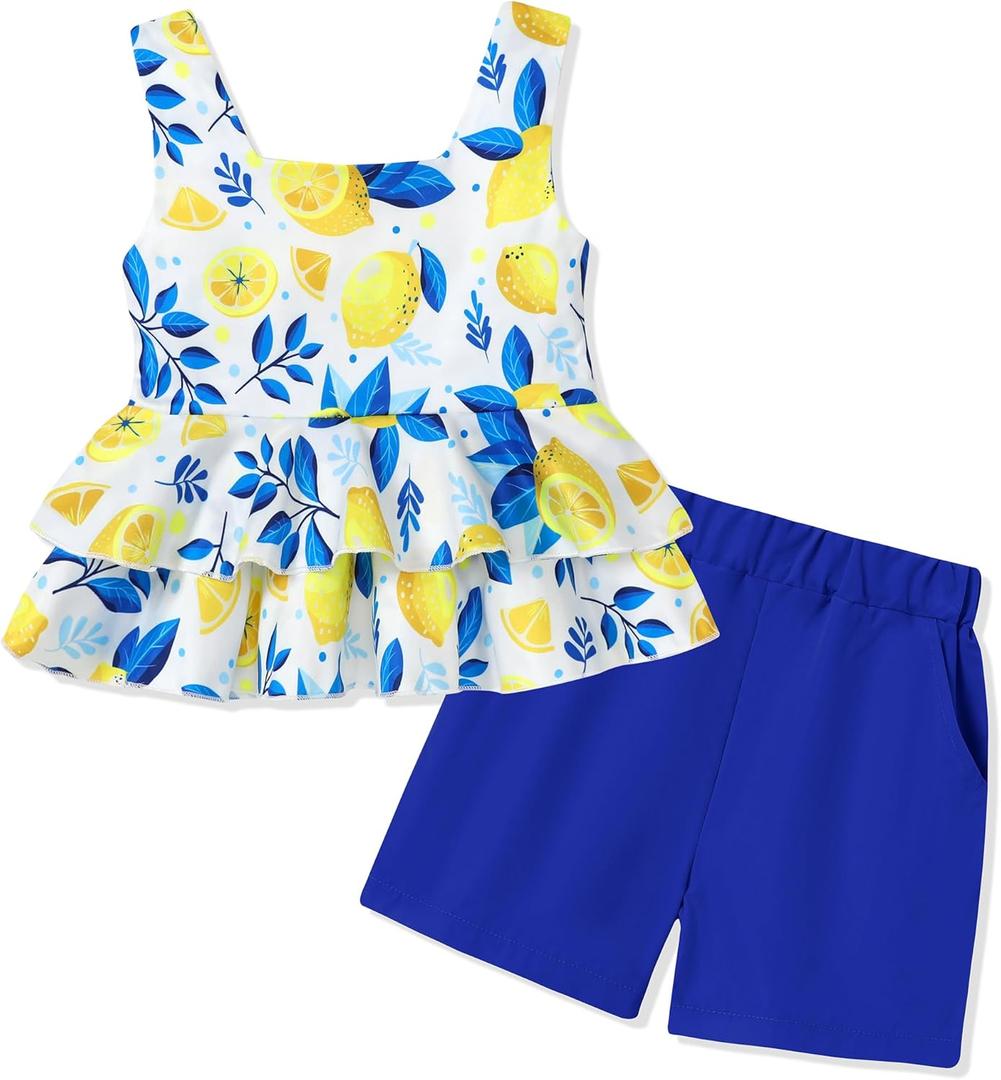 Toddler Girl Clothes Summer Outfits, Sleeveless Ruffle Hem Tank Top + Shorts 2Pcs Cute Baby Girls Clothing Set (S)