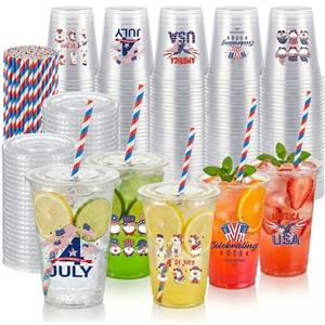 luperasol 100 Sets 4th of July Party Cups with Lids and Straws Patriotic Clear Plastic Disposable Cups for Independence Day Memorial Day Party Decor Supplies 5Styles, 16 oz