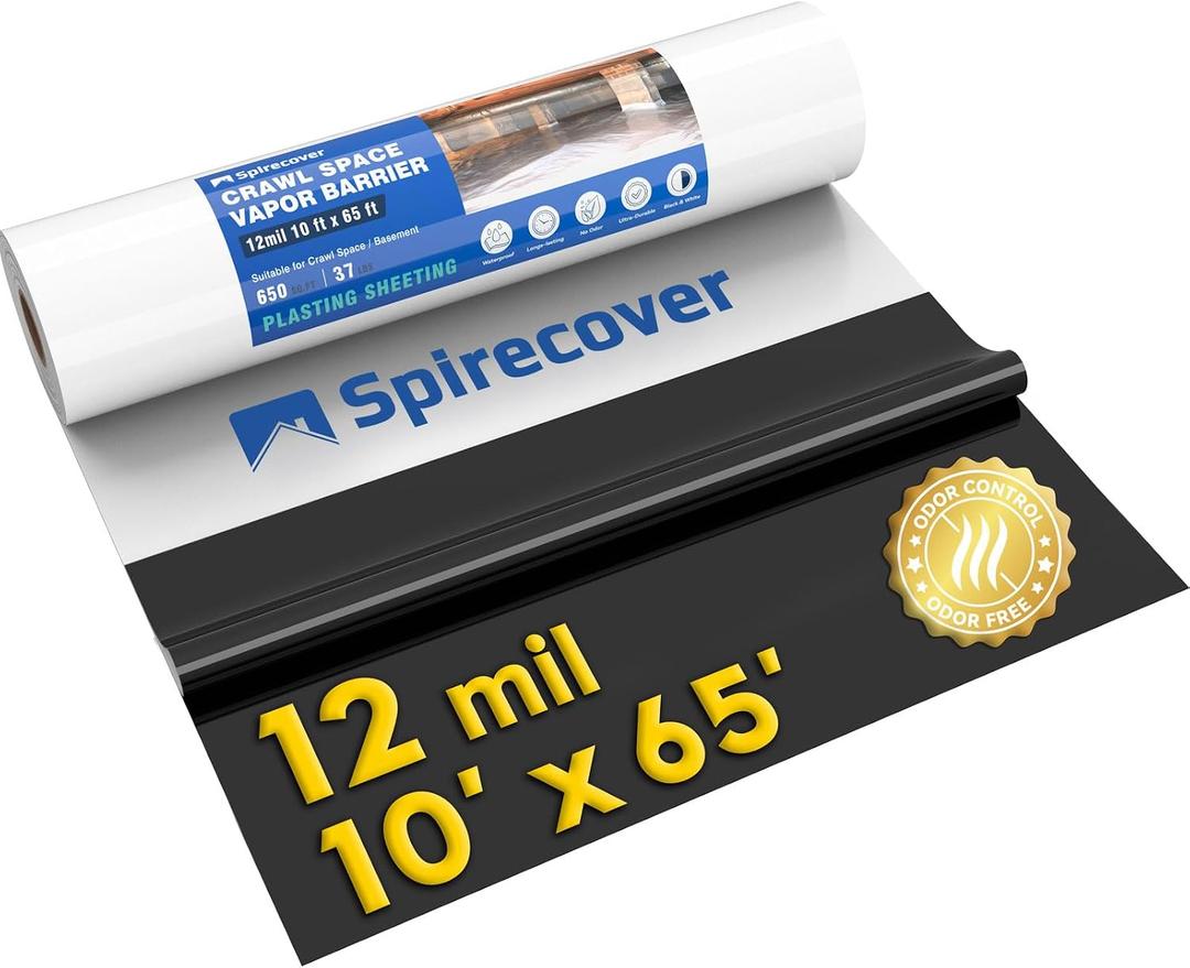 Crawl Space Vapor Barrier, 12 Mil Vapor Barrier, 10'x65', Plastic Drop Cloth Covering for Crawlspace Encapsulation, Thick Plastic Sheeting, Black and White Panda Film
