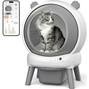 Self Cleaning Litter Box for Multiple Cats, Automatic Litter Box with APP Real-Time Monitor, Dual Safety Protection, Odor-Free Waste Disposal Includes Trash Bags, Gray