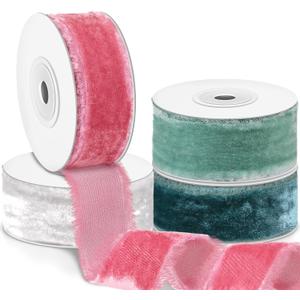 Preboun 4 Rolls Christmas Velvet Ribbon Total 24 yd Christmas Decorations Gift Wrapping Fringe Ribbon Raw Edge Frayed DIY Party Decor(1 Inch,Charming Color)